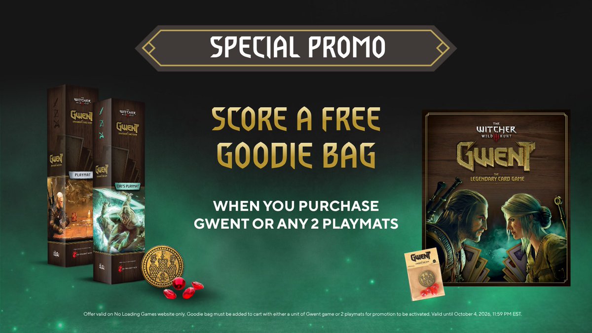 NoLoadingGames_'s tweet photo. To celebrate The Witcher 3: Wild Hunt – Remastered release, you can score extra Gwent loot!

This week, when you purchase Gwent: The Legendary Card Game OR any 2 Gwent playmats, add the Gwent Goodie Bag to your cart and it’s FREE.

➡️ Shop now: https://t.co/QOLefh5BMI https://t.co/FTF99FN6yU