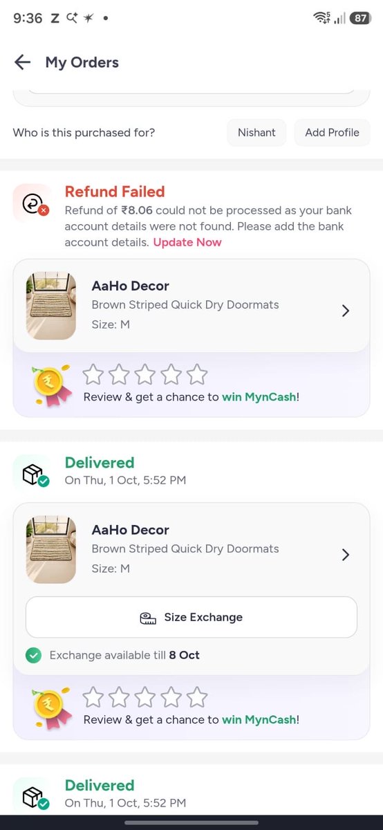 Nishant_rawat01's tweet photo. Biggest scam by @myntra @MyntraSupport 
Ordered 20 pcs and paid ₹588 for the whole order. Received only 1 pc and I raised the request for the full order. Later they provided refund in the name of resolution but look at the amount. ₹8 only. So I paid ₹580 for a shitty doormat? https://t.co/f2hPhtUQbT