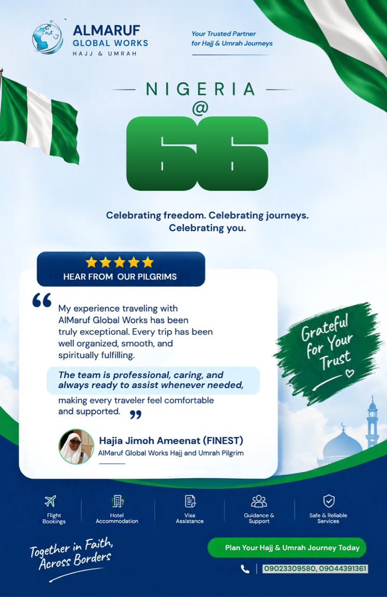 ALMARUFGLOBAL's tweet photo. 💚🤍 Celebrating Nigeria. Celebrating Our Pilgrims. Celebrating Your Trust.

This Independence Day, we’re grateful for pilgrims like Hajia Ajape, whose wonderful Umrah experience and kind recommendation remind us why we’re committed to serving you with care. ��✈️

Thank you for trusting Almaruf Global Works.

🇳🇬 Happy Independence Day, Nigeria!