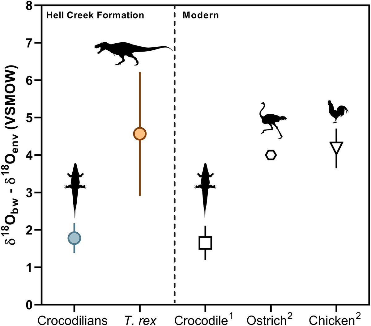 PaleontologieFr's tweet photo. 🌡️🦖Le T. rex avait le "sang chaud" !
Ses dents indiquent une température corporelle de ~36°C, bien supérieure à celle des crocodiliens actuels. Il pouvait ainsi vivre dans des régions froides.
#Crétacé #Tyrannosaurus #Trex 

📰https://t.co/JOjj9R7Q8u

🔎https://t.co/eWFV9JVxvJ https://t.co/FaIkUEAbGM