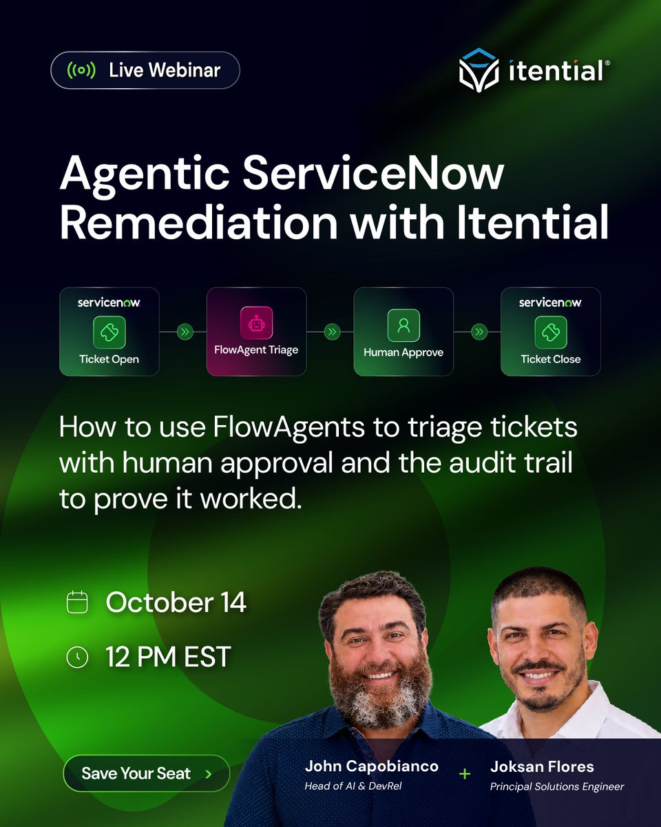 Itential's tweet photo. AI can spot the issue. FlowAgents close the remediation loop.

Oct. 14 at 12PM ET,  join @John_Capobianco + @AutomateIP for a live demo: ServiceNow ticket opens → agent investigation → human review → agent remediation → full audit report.

Register: https://t.co/9nxSExA8la https://t.co/Hcs972JxdD