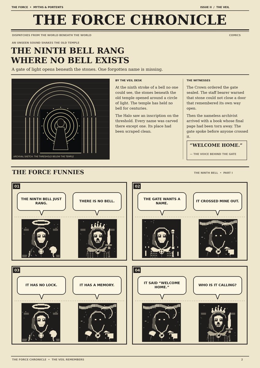 theforceNFT's tweet photo. The temple has no bell.

Last night, it rang nine times.

A gate opened beneath the stones and whispered, “Welcome home.”

Who was it waiting for? 🕯️

The FORCE Chronicle: The Ninth Bell https://t.co/OADpk59fJH