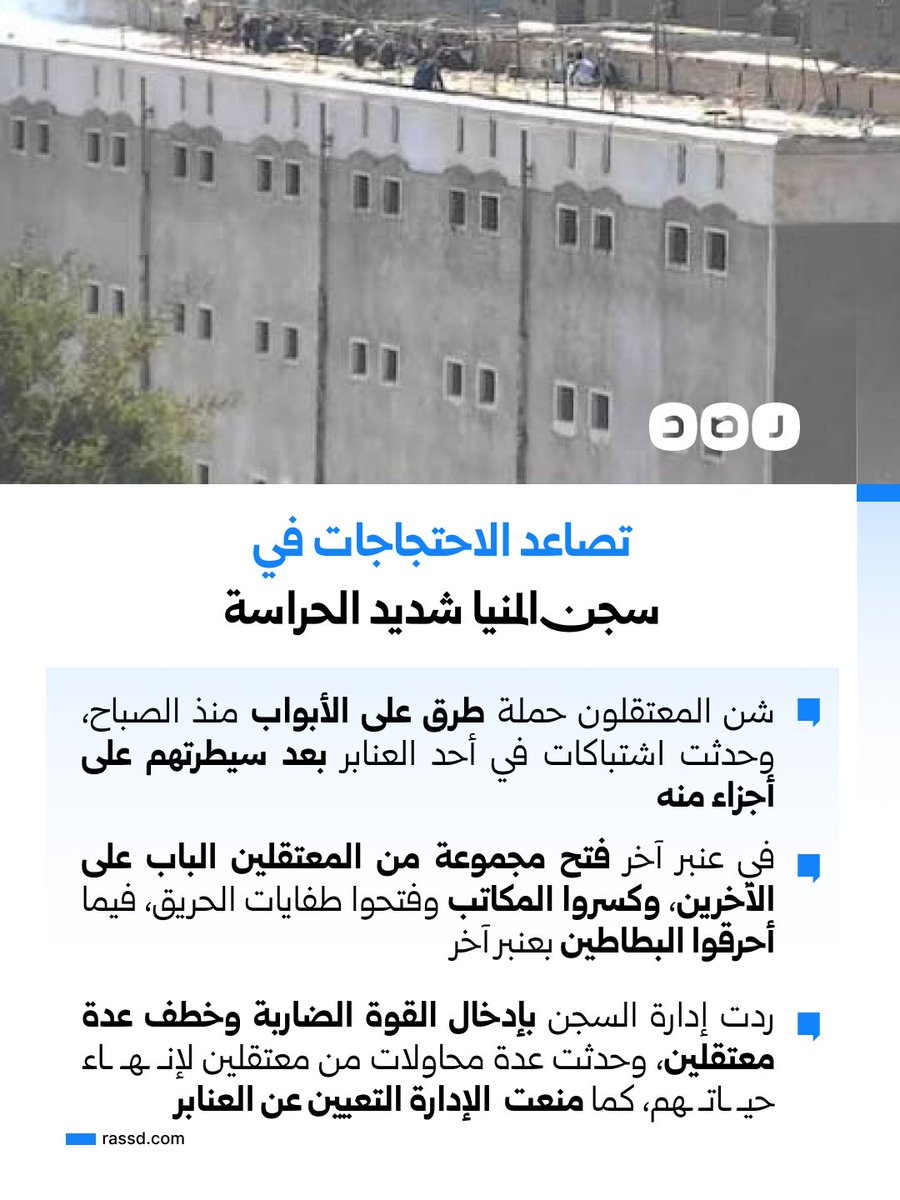 RassdNewsN's tweet photo. تصاعد في احتجاجات معتقلي سجن المنيا، وصلت إلى اشتباكات في العنابر وحرق بطانيات، فيما منعت إدارة السجن التعيين منذ الصباح https://t.co/4IkxNvpGim