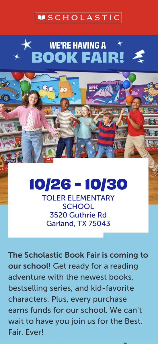 Toler_Texans's tweet photo. The book fair is coming to Toler October 26th-30th! 📚🥳

Check out our school’s book fair page here: 

https://t.co/4hIB8Rs7Rr https://t.co/kfD1620ZUO