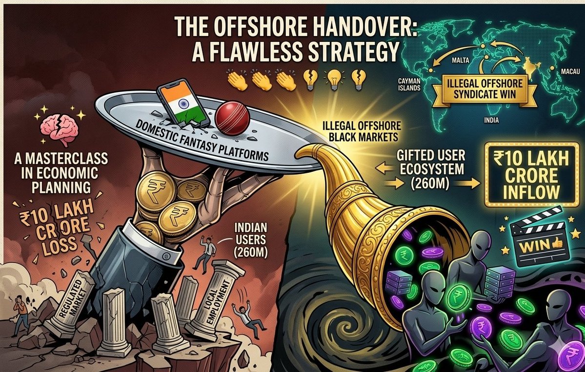 fakebreaker92's tweet photo. @Rakesh_kumar16 @harshjain85 @VaibhavKokal @jnsayta @JayShah @AmitShah @GoI_MeitY @narendramodi @amitkashyapOO7 @moneycontrolcom @chandrarsrikant Why regulate a local market when you can gift a 260M user ecosystem to illegal offshore black markets on a silver platter? Handing ₹10 lakh crore straight out of India to crush domestic platforms is a flawless strategy. Huge win for underground syndicates! 👏👏 @GoI_MeitY https://t.co/72YyVFgksO