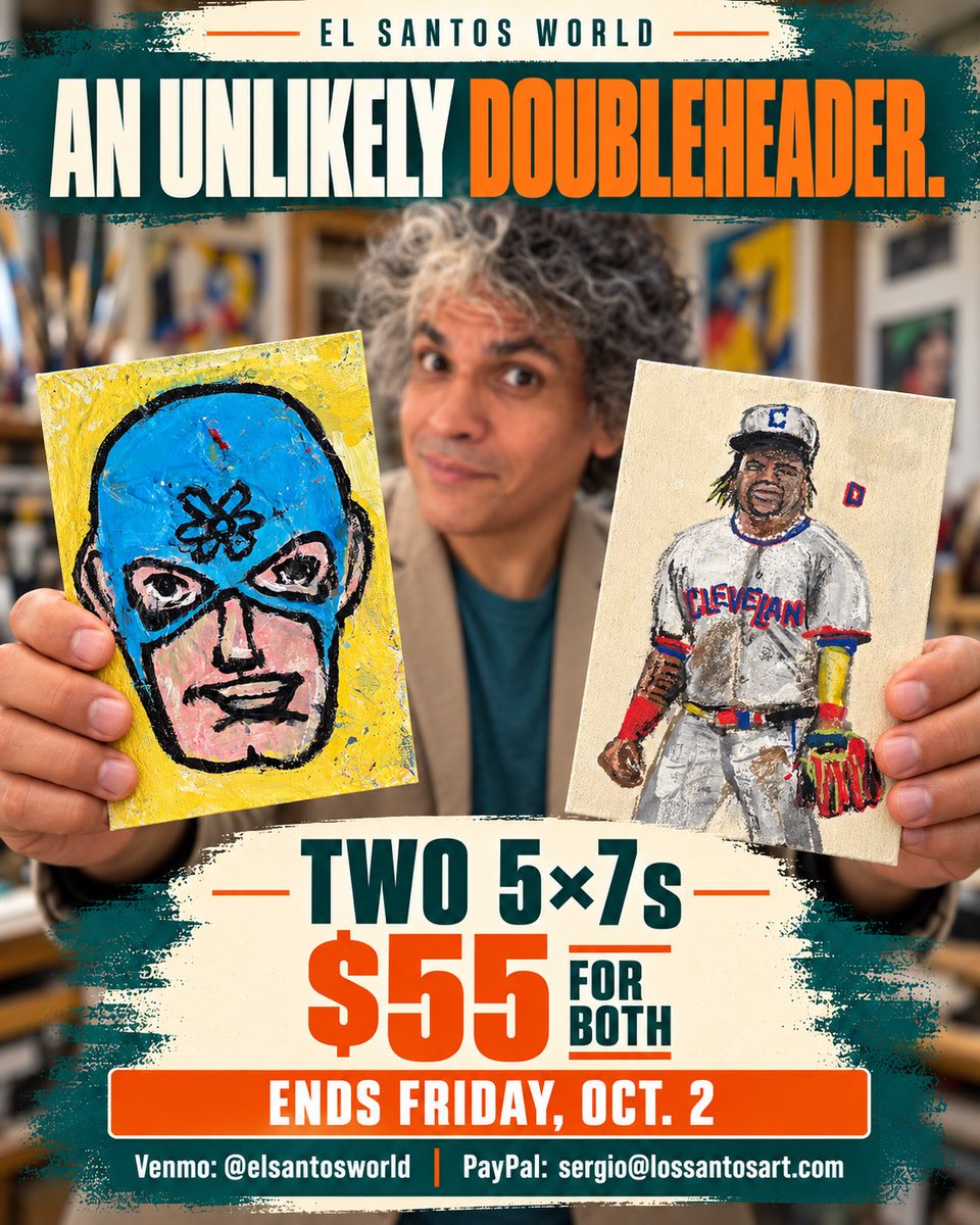 ElSantosWorld's tweet photo. José Ramírez and The Atom. Nobody checks my roster.
Two 5×7 paintings for $55 total. Ends Friday, Oct. 2.
Venmo: @elsantosworld
PayPal: sergio@lossantosart.com
#JoseRamirez #TheAtom #ACEO #OriginalArt https://t.co/j07MVraJmo