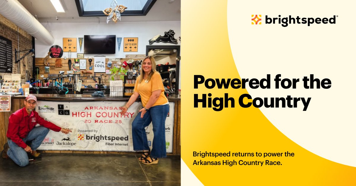 gobrightspeed's tweet photo. Some partnerships just make sense. 🚴‍♀️

For the second year, Brightspeed is powering the Arkansas High Country Race — an epic endurance event that takes cyclists hundreds of miles through rural Arkansas, including many of the places where we’re working to expand access to high-speed fiber.

This year, we’re also excited to support the launch of Women to the Finish Line, a new initiative encouraging more women to participate in ultra-endurance cycling. Women make up 20% of this year’s registered field — the most in race history! 

Our own Lymari Munoz has been helping bring this partnership to life locally, connecting Brightspeed with the people and communities that make the Arkansas High Country so special.

On October 3, we’ll be cheering on every rider as they take on the Arkansas High Country Race. 💛

Here’s to connecting people, places and possibilities across Arkansas.

#ArkansasHighCountryRace #BrightspeedFiber #WomenToTheFinishLine