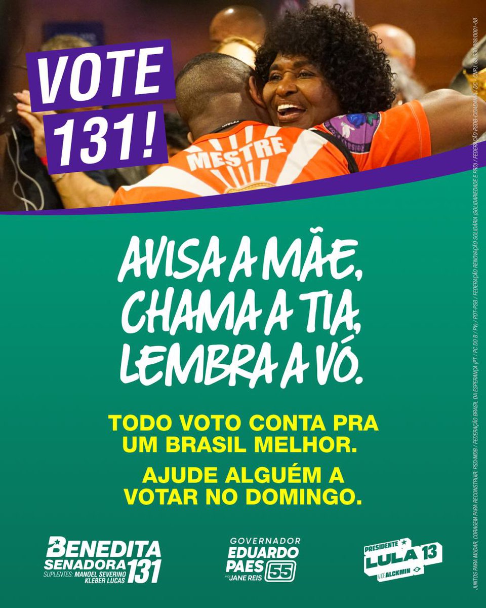 dasilvabenedita's tweet photo. Chegou a hora da decisão. 
E Benedita 131 é a única candidata que pode ser eleita para o senado e garantir que Eduardo Paes e Lula não fiquem isolados na bancada de senadores do Rio. Você tem dois votos para o Senado, Benedita 131 é um deles!

Não tenha dúvidas e as pesquisas confirmam: entre os candidatos de Paes e Lula só Benedita pode ser eleita, Vote 131! 
Você tem dois votos para o Senado, Benedita  131 é um deles!