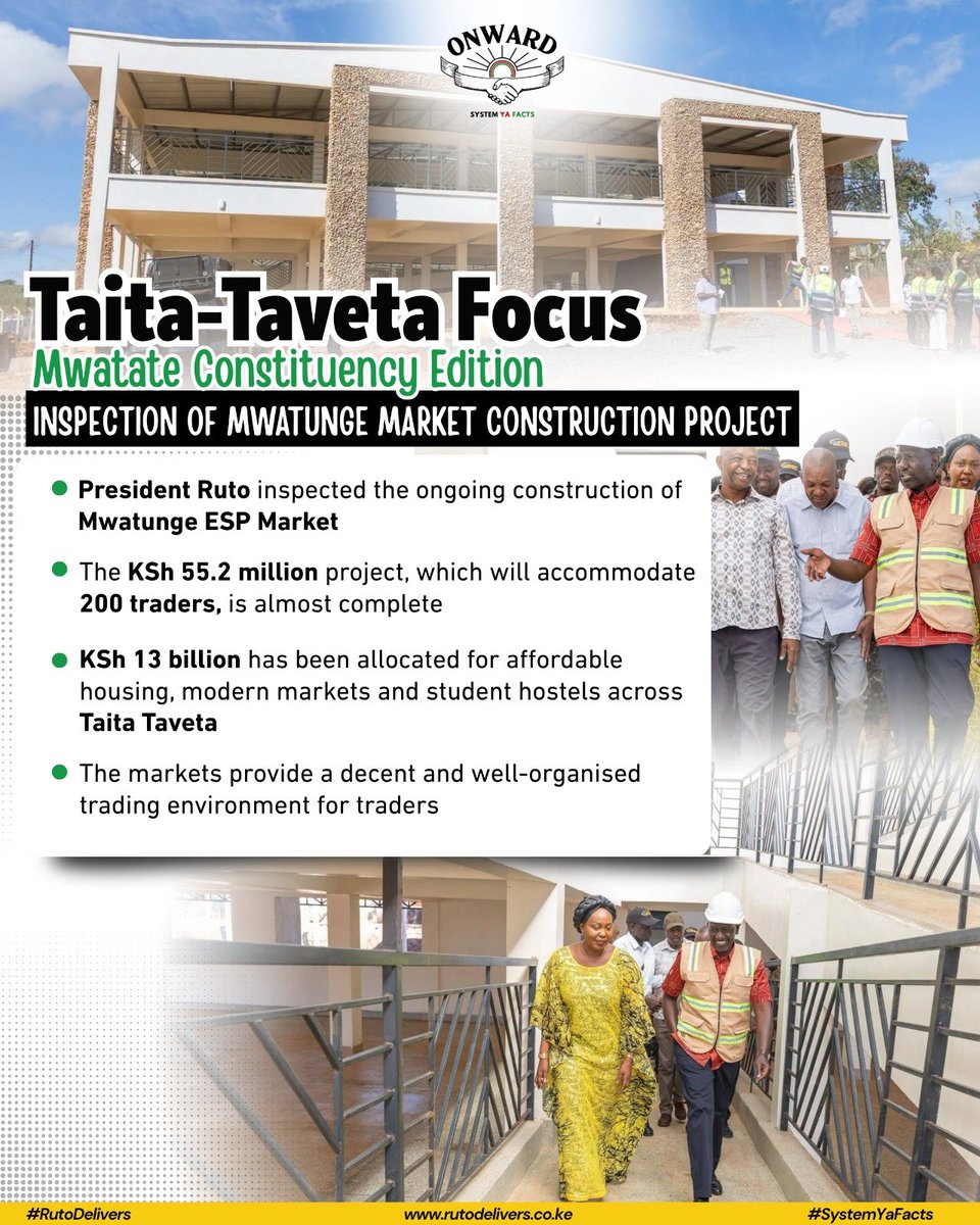 Tito_kenyan's tweet photo. A well-organised trading floor is the point of Mwatunge Market, not just a new building by the road.

The almost-complete KSh 55.2 million ESP project was checked by President Ruto in Mwatate. #TaitaTavetaFocus https://t.co/uGCiZ3HRQW