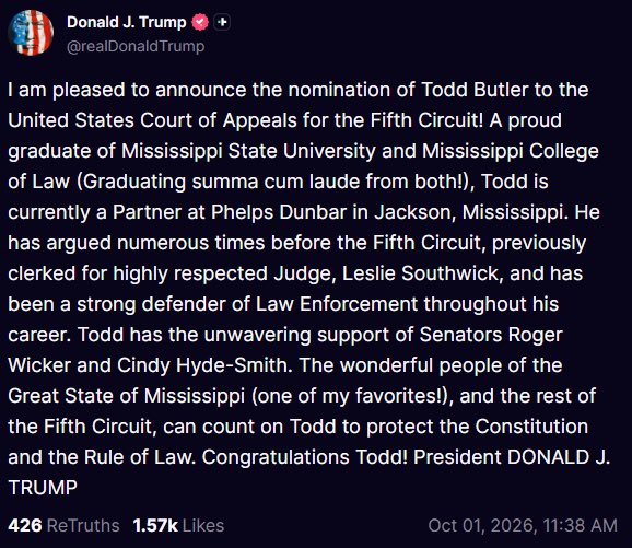 SenatorWicker's tweet photo. Todd Butler is an excellent pick for the federal bench. He believes in interpreting the law as it is written, pursuant to the text and original meaning of the Constitution—exactly the quality that should characterize a jurist. Mr. Butler is a credit to his home state of Mississippi. @SenHydeSmith and I look forward to his swift confirmation.