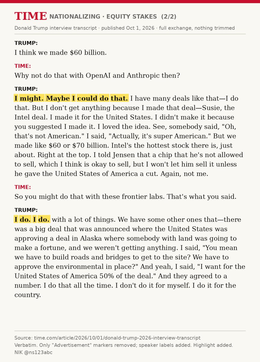 ns123abc's tweet photo. 🚨 BREAKING: Trump REJECTS nationalizing OpenAI and Anthropic but says the US government might take an Intel-style 10% equity stake https://t.co/K8wak7gZy4