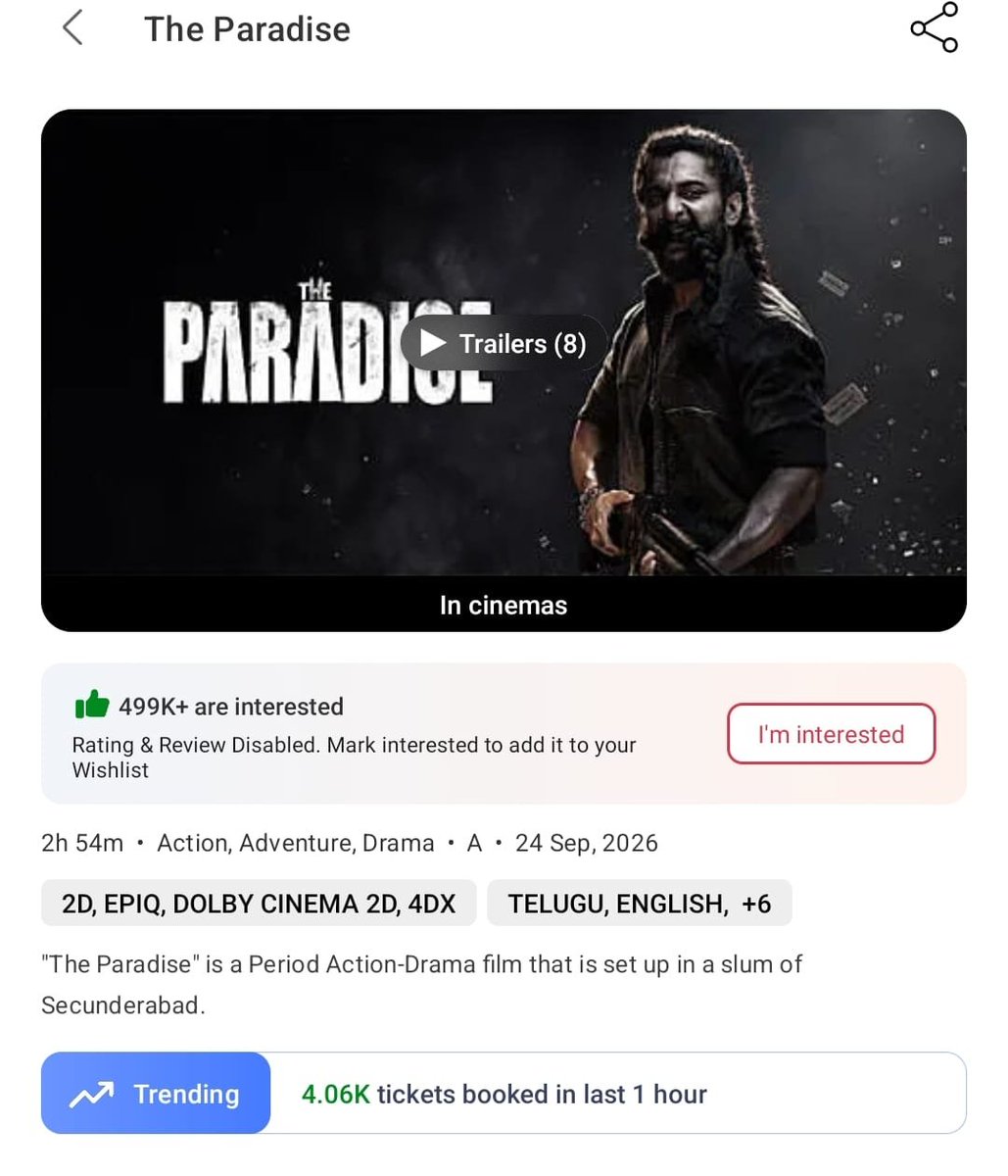 TheParadiseOffl's tweet photo. Superb occupancies for #TheParadise for 8TH DAY night shows in Hyderabad ❤‍🔥

Housefulls and fast fillings at many theatres across the city 💥💥

Running successfully all over🥁🥁

🎟️ Book your tickets: https://t.co/QWwS4Ichic https://t.co/QKBsjNx5Ol