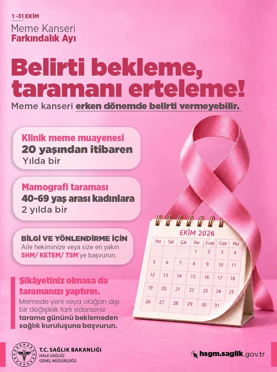 surmenedh's tweet photo. 🎀 Belirti bekleme, taramanı erteleme!

20 yaşından itibaren yılda bir klinik meme muayenenizi yaptırın. 40–69 yaş arası kadınlar için iki yılda bir ücretsiz mamografi taramasından yararlanın. 

‼️Bilgi için aile hekiminize veya SHM/KETEM/TSM’ye başvurun. https://t.co/BZ9etjXjkr