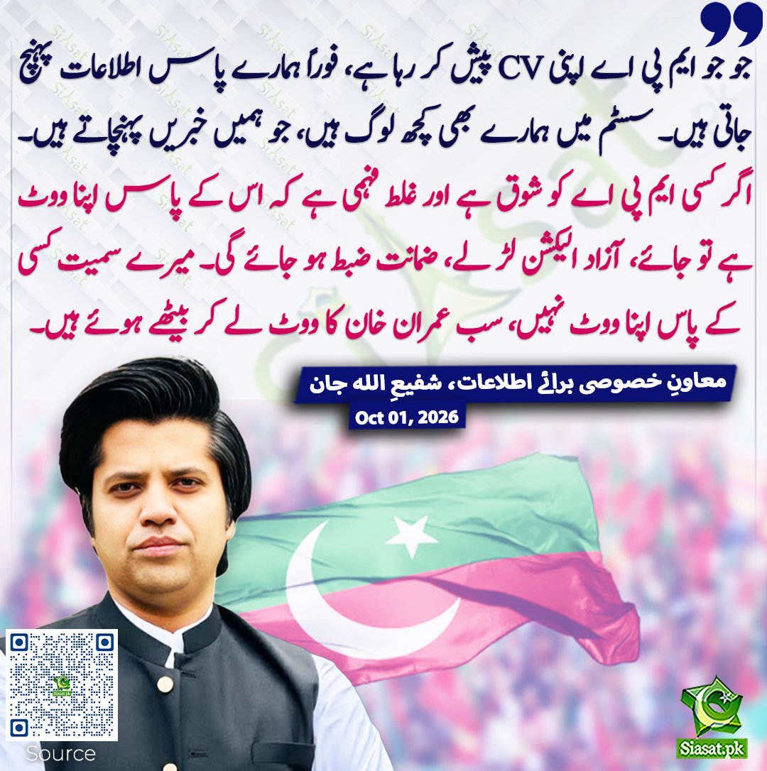 siasatpk's tweet photo. جو جو ایم پی اے اپنی CV پیش کر رہا ہے، فوراً ہمارے پاس اطلاعات پہنچ جاتی ہیں۔ سسٹم میں ہمارے بھی کچھ لوگ ہیں، جو ہمیں خبریں پہنچاتے ہیں۔ اگر کسی ایم پی اے کو شوق ہے اور غلط فہمی ہے کہ اس کے پاس اپنا ووٹ ہے تو جائے، آزاد الیکشن لڑ لے، ضمانت ضبط ہو جائے گی۔ میرے سمیت کسی کے پاس اپنا ووٹ نہیں، سب عمران خان کا ووٹ لے کر بیٹھے ہوئے ہیں۔ معاونِ خصوصی برائے اطلاعات، شفیعِ اللہ جان
#pakistan @ShafiJanPTI 
خبر کا سورس لنک جاننے کیلئے QR Code سکین کریں۔۔