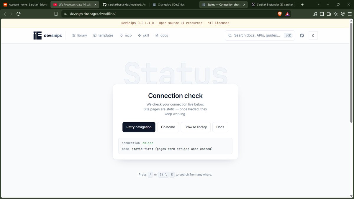 _sarthak_buddy's tweet photo. Today was day 56 of building devsnips
> Final changelog added
> production footer added
> production like status checker for site at /offline endpoint for checking the validity of site
56 days in. Still building.
#day36 #buildinpublic #DevSnips https://t.co/JkjenTjOJc