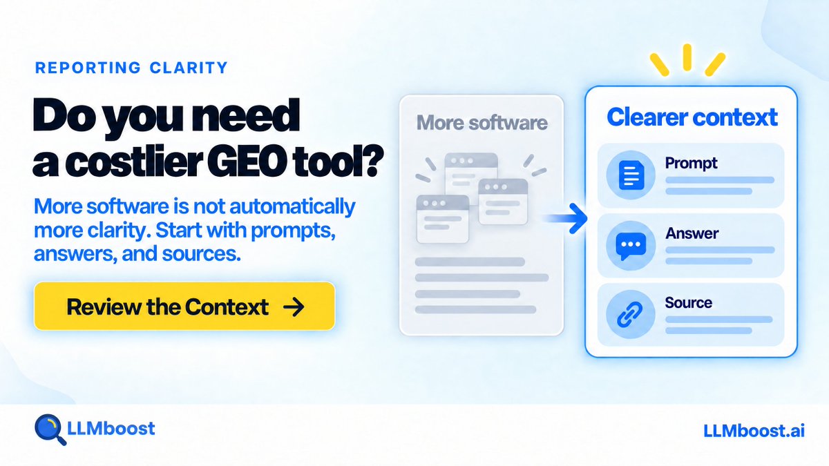 LLMboost's tweet photo. Before adding another costly GEO tool, ask a simpler question:

Will it make the client conversation clearer?

Sources, citations, and prompt context matter more than another opaque score. More software is not automatically more clarity.

#GEO #AIVisibility https://t.co/XjP3JkcMid