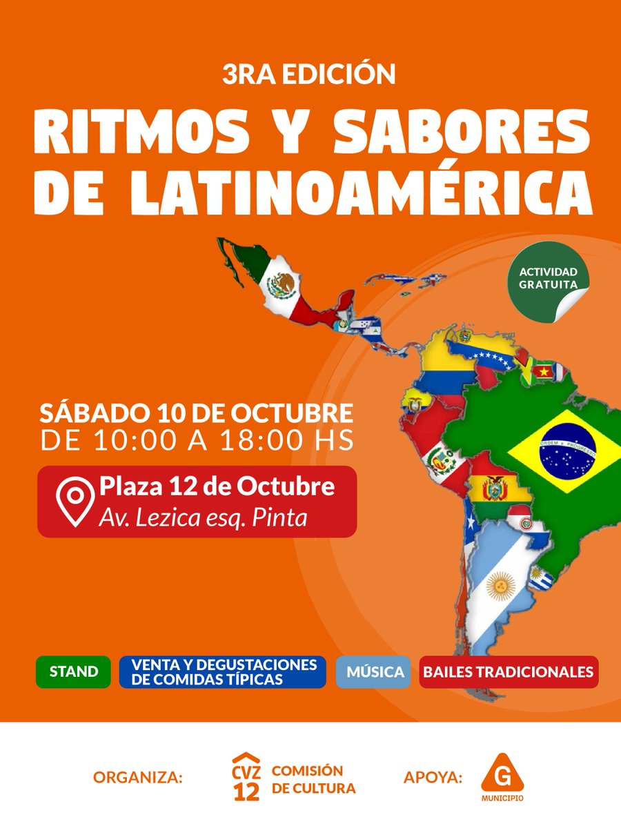 MunicipioGMvd's tweet photo. 🌎 Ritmos y Sabores de Latinoamérica
Durante la jornada habrá música, bailes tradicionales, comidas típicas, stands, venta y degustaciones, con propuestas que invitan a conocer y compartir diferentes sabores, ritmos y expresiones culturales de nuestro continente.
#EsContiGo https://t.co/Acc34wXIvT