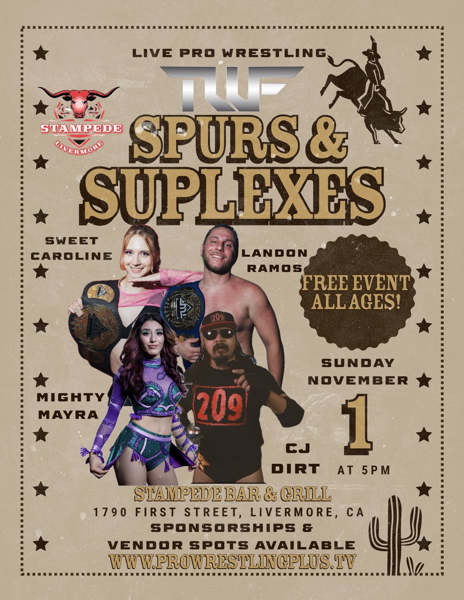 twfwrestling's tweet photo. Both top champions of TWF team up with @sosweetcarrie and Landon Ramos vs @CjDirt &amp; @Mighty1Mayra Nov 1.

FREE PRO WRESTLING EVENT

TWF Spurs &amp; Suplexes
Sunday, Nov 1
Stampede Bar &amp; Grill
1790 First Street
Livermore, CA
5pm
ALL AGES

Sponsorships available

📷jkthevisual (IG) https://t.co/pXJs87myFl