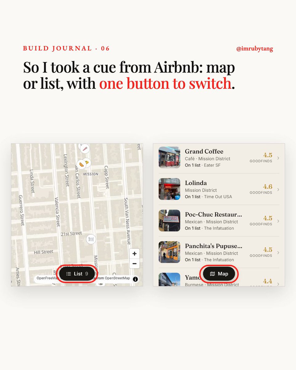 imrubytang's tweet photo. How do you fit a restaurant list and a map on a phone?

On a laptop they sit side by side. On a phone there’s no hover, and not enough room for both.

So for mobile web, I took a cue from Airbnb: map or list, with one button to switch.

https://t.co/J1JVNy3IG7 #buildinpublic https://t.co/yA8MBOUMgy