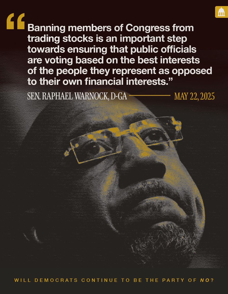 SenateGOP's tweet photo. Senator Warnock used to agree with Senate Republicans: members of Congress shouldn’t be allowed to trade stocks.

That’s why Republicans voted for a bill to ban stock trading in Congress. 

Yesterday, Warnock, and every other Democrat, voted to let themselves continue profiting off of insider information. Why?
