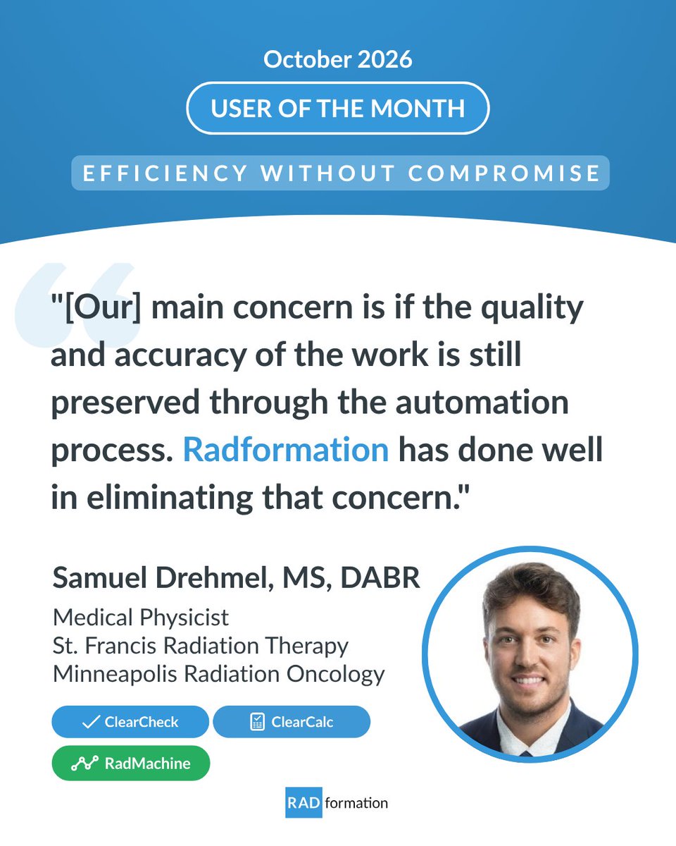 Radformation's tweet photo. For a small clinic, automation can make a big difference. But not at the expense of quality or control, which was an important consideration for Samuel Drehmel and the team at St. Francis Radiation Therapy. As this month’s featured user, Samuel shares how their department uses ClearCheck, ClearCalc, and RadMachine to bring greater consistency and efficiency to plan review, dose checks, and machine QA. Read the full story: https://t.co/T2aJFeWKRx