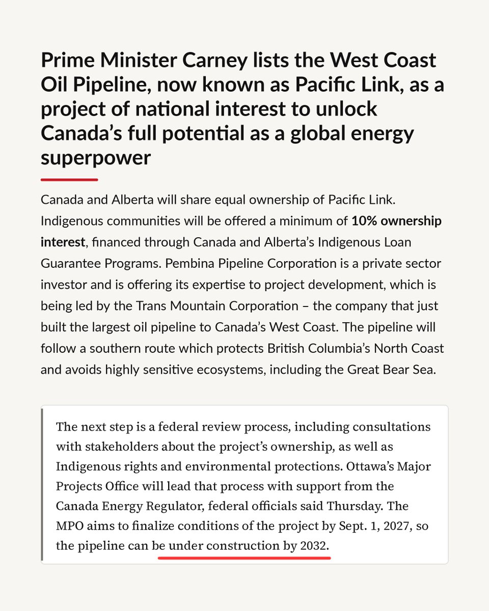 KirkLubimov's tweet photo. I'm honestly amazed that Canada is at this point that we celebrating the total mismanagement of our infrastructure projects as an achievement.

The new West Coast Oil Pipeline, called Pacific Link:

> After sitting in paperwork for months.
> Gets destinated as a project of national interest as if we didn't know it.
> Will now spend another year in paperwork trying to navigate red tape.
> Taxpayers in Alberta and across Canada will finance Indigenous ownership of minimum 10%.
> Alberta and Canada will have equal ownership. 
> Still no private sector investment.
> Goal to begin construction by 2032‼️

In total, a 3 year project will take 10 years and, to no surprise, the private sector doesn't have much interest.

 WTF are we doing here??
