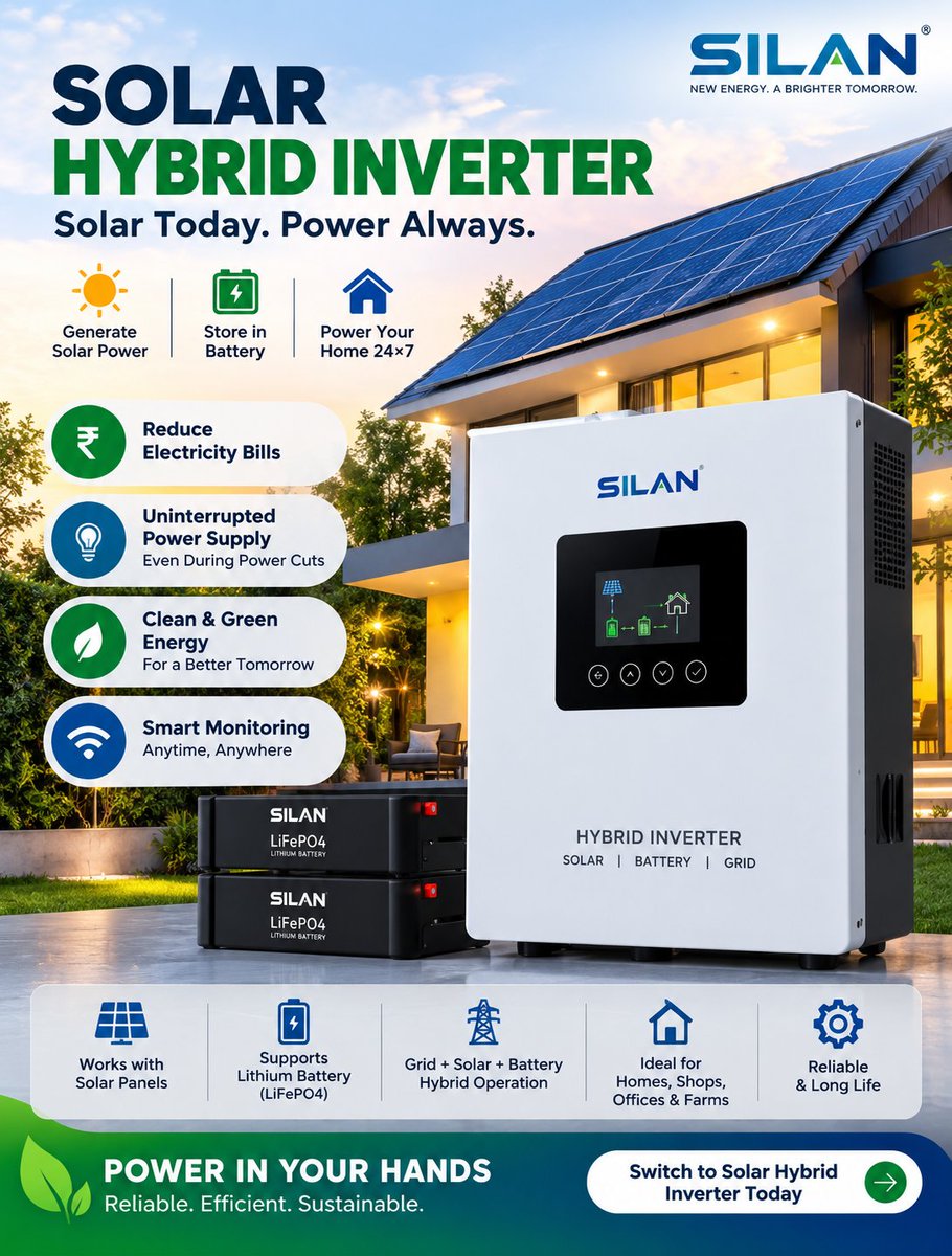 silantech's tweet photo. ☀️⚡ SOLAR HYBRID INVERTER. POWER IN YOUR HANDS.
Solar + Battery + Grid — intelligently managed by SILAN.
🔋 LiFePO4 compatible
☀️ Solar power generation
⚡ Backup during outages
📱 Smart monitoring
Solar Today. Power Always.
#SILAN #Solar #HybridInverter #EnergyStorage #LiFePO4 https://t.co/hehNVaqG9U