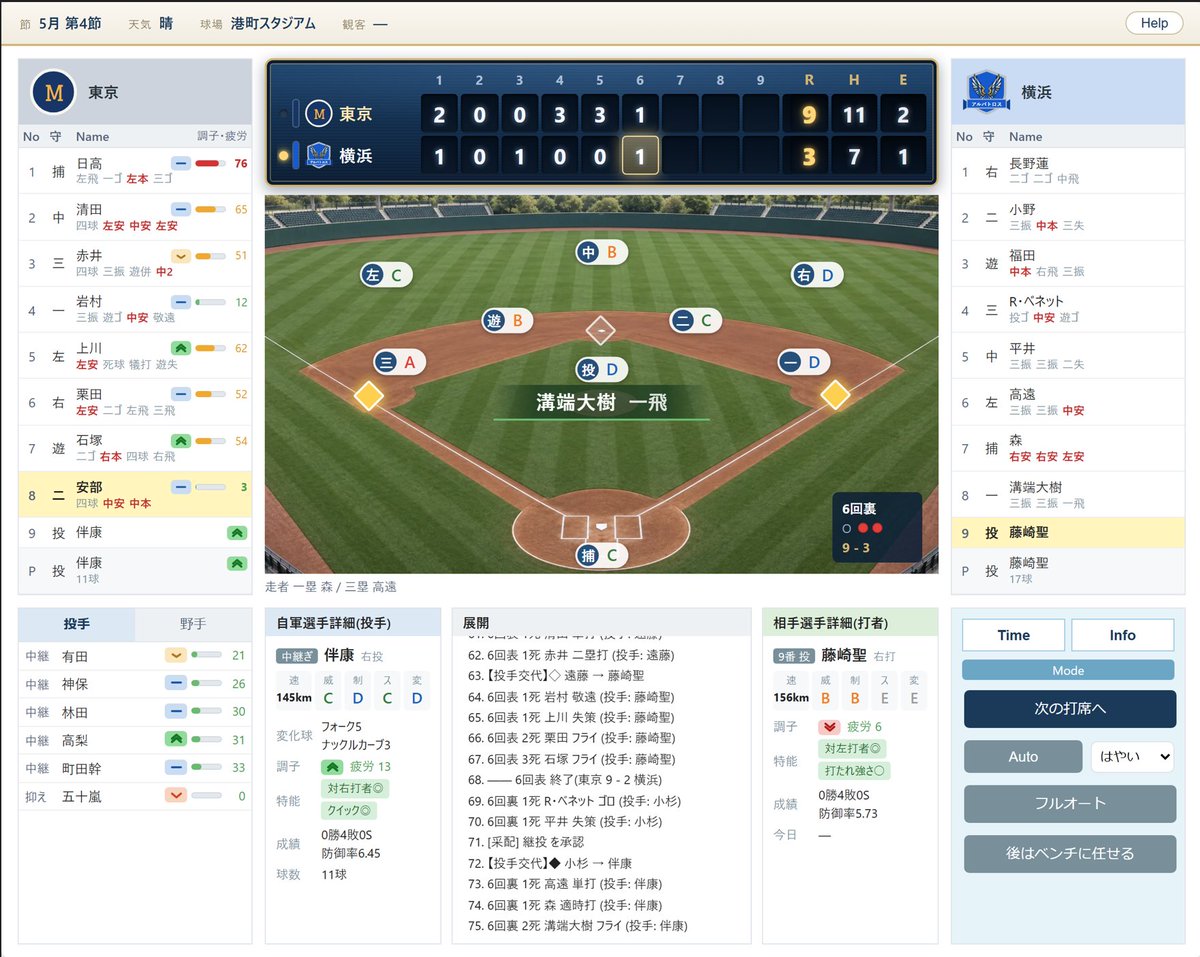 AiBC_hq's tweet photo. 現時点での試合画面です。

#AiBC #野球ゲーム #シミュレーション https://t.co/TTpb73l08L