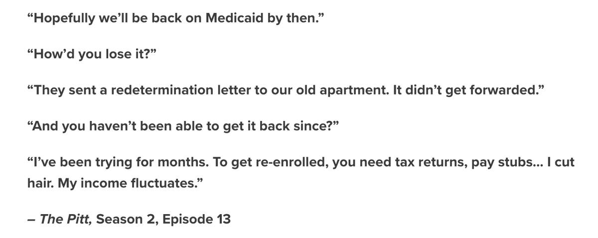 jdcmedlock's tweet photo. What isn't surprising: work requirements are reducing coverage because of paperwork burdens

What is surprising: apparently The Pitt had a storyline that demonstrated the difficulty of navigating Medicaid redeterminations https://t.co/1l8v8RNwpW