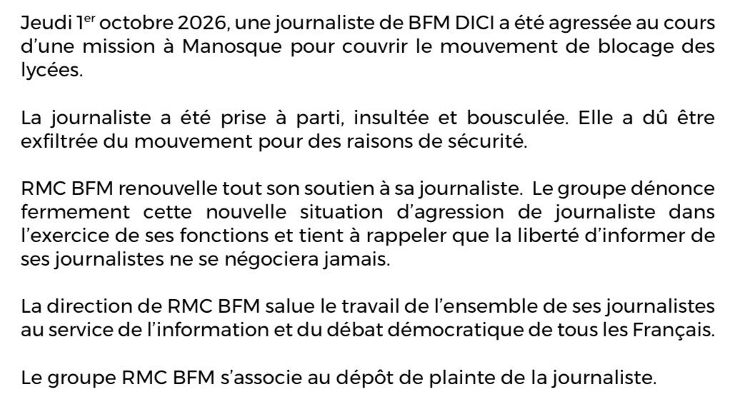 BFMTV_Inside's tweet photo. COMMUNIQUE DU GROUPE RMC BFM 

UNE JOURNALISTE BFM DICI
AGRESSÉE SUR LE TERRAIN :
LE GROUPE RMC BFM DÉNONCE
CES VIOLENCES INACCEPTABLES https://t.co/1YA9hTrVDF