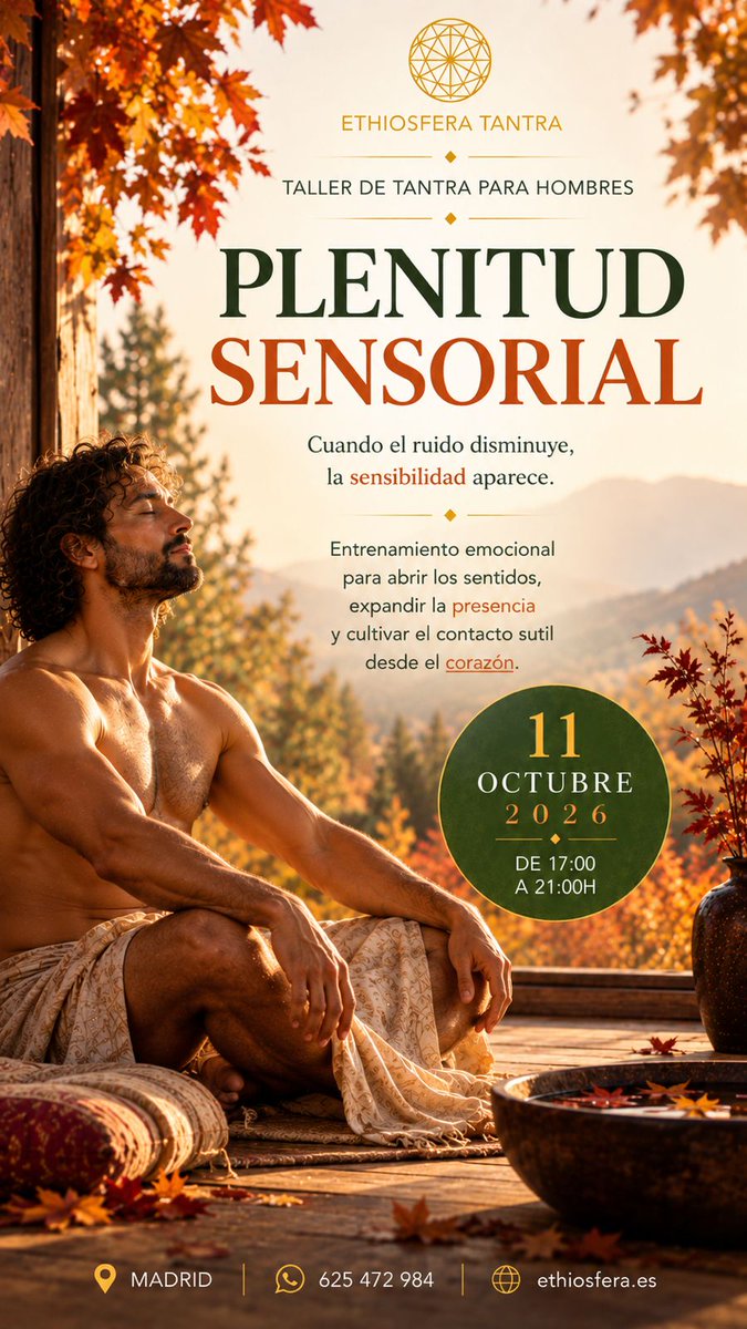 EthioTantraMen's tweet photo. ¿Y si el placer empezara mucho antes de tocar?

🔥 **PLENITUD SENSORIAL · Tantra para hombres**
Respiración · cuerpo · presencia · sensibilidad · conexión.
🗓 11 oct. · 17:00–21:00

Una experiencia para descubrir otra manera de sentir.

👉 https://t.co/Q0xTUtFbTF
 Wh. 625 472 984 https://t.co/tpJqFoLlVW