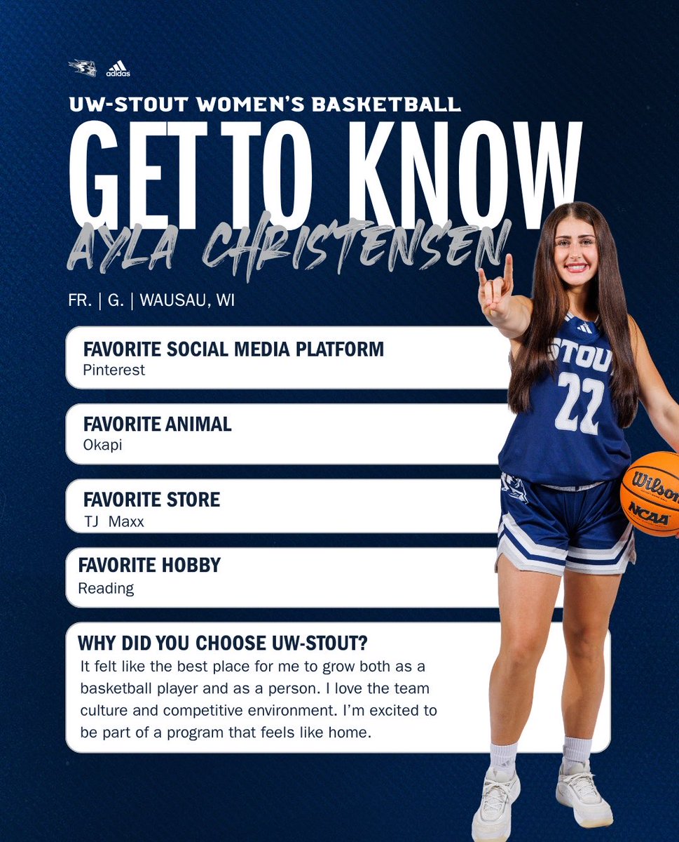 BlueDevilsWBB's tweet photo. Happy Thursday &amp; Happy October, Blue Devils!! It’s FINALLY time to get to know more about our newcomers. 👀 First up is Ayla Christensen!! 🤩

Ayla is a Biology major from Wausau, WI, and plans to become a Physician Assistant!! 😈💙

#BuiltOnTrust #RollDevs https://t.co/ZFnyoQRpg5