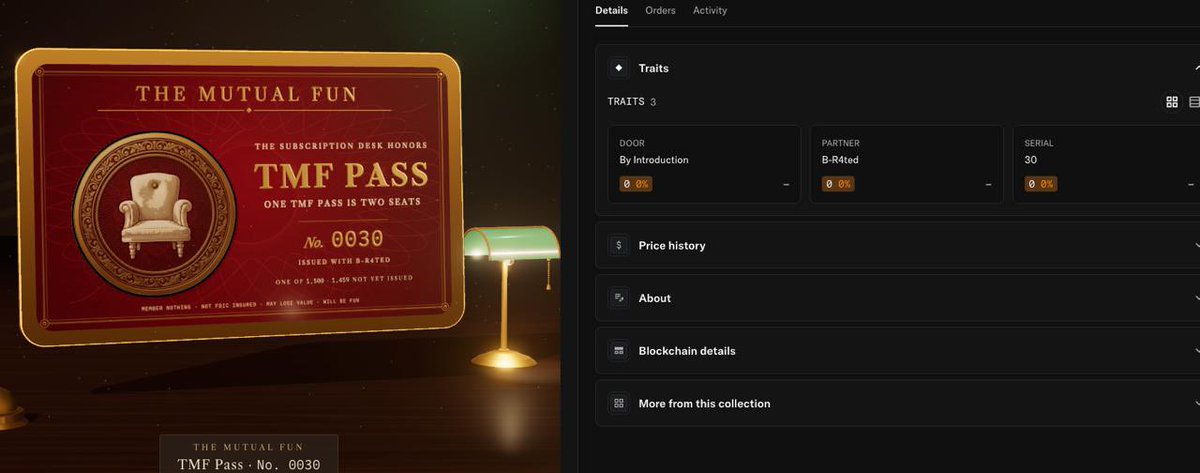 BR4ted's tweet photo. If you’re a part of the ₿-R4ted Community and won the @themutualfun whitelist, check your wallets.

We are the first community to receive the TMF Pass airdrop.

1 Pass = 2 NFT mints on Robinhood for 0.01 ETH each.

Higher! https://t.co/DQBYQpIOjo