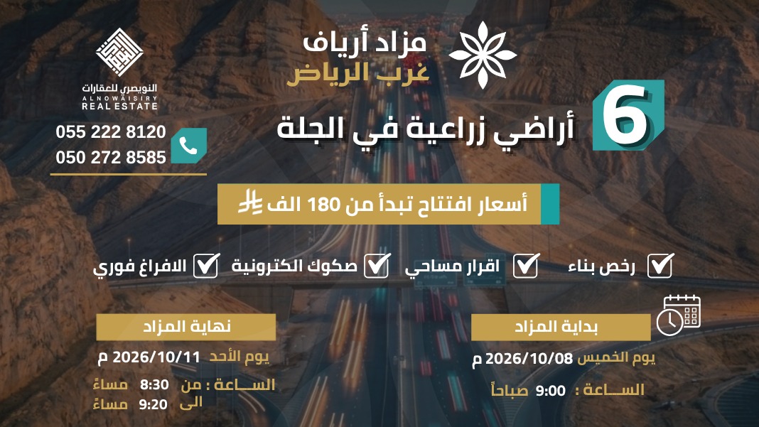 Mzad__SA's tweet photo. 🔸أرياف غرب الرياض🔸
🗓 التاريخ : الخميس 2026/10/8
📍 المدينة: ضرماء
🏢 المزاد: #أرياف_غرب_الرياض
📌 نوع المزاد: إلكتروني
⚖ وكيل البيع: مكتب النويصري للعقارات @alnowaisiry
💻 المنصة: مباشر للمزادات
🔗 رابط المزاد:
https://t.co/KT2ljJFM13
ــــــــــــــــــــــــــــــــــــــــــــــــــــــ
📲 للتواصل واتساب:
0530880648
📢 اشترك في قناة #مزاد_السعودية على الواتساب لتصلك أخبار المزادات أولاً بأول:
🔗
https://t.co/9FDZrQqgI7
#مزادات #عقارات #Mzad_SA #مزاد_السعودية #مزادات_عقارية