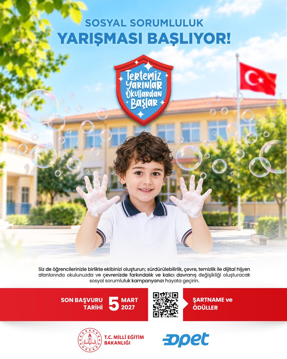 tcmeb's tweet photo. ♻️ “Tertemiz Yarınlar” İçin Öğrencilerden Sosyal Sorumluluk Kampanyası 🌱
      
📌 “Tertemiz Yarınlar Okullardan Başlar” yarışması kapsamında okul ve çevresinde sürdürülebilirlik, çevre, temizlik ve hijyen konularında farkındalık geliştirmek üzere öğrenciler tarafından sosyal sorumluluk kampanyaları düzenlenecek.

📌 Yarışma kapsamında öğrenciler; “su ve enerji tasarrufu, atık yönetimi, doğal kaynakların korunması ve dijital hijyen” gibi konularda sosyal sorumluluk kampanyaları geliştirecek. Kampanyaların öğrenci katılımını esas alması, okul ve çevresindeki ihtiyaçlardan hareketle uygulanabilir çözümler ortaya koyması hedefleniyor.

📌 Öğrencilerin yanı sıra öğretmenler, okul yöneticileri, destek personeli ve veliler de süreçlere katılacak. Yerel yönetimler, sivil toplum kuruluşları ve diğer paydaşlarla iş birliği yapılması da teşvik edilecek.

👉🏻 https://t.co/tb1pdYP3Ut