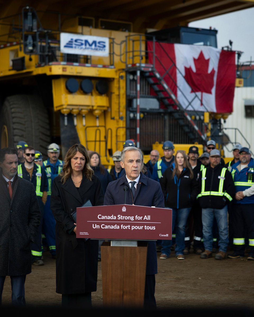 MarkJCarney's tweet photo. Through the Building Canada Act, the government can determine a major infrastructure project to be in Canada’s national interest — so we can build it faster. 
 
Today in Fort McMurray, our government listed the West Coast Oil Pipeline, now known as Pacific Link, as a project of national interest to unlock Canada’s full potential as a global energy superpower.
 
Read more: https://t.co/xuaWg9pVYA