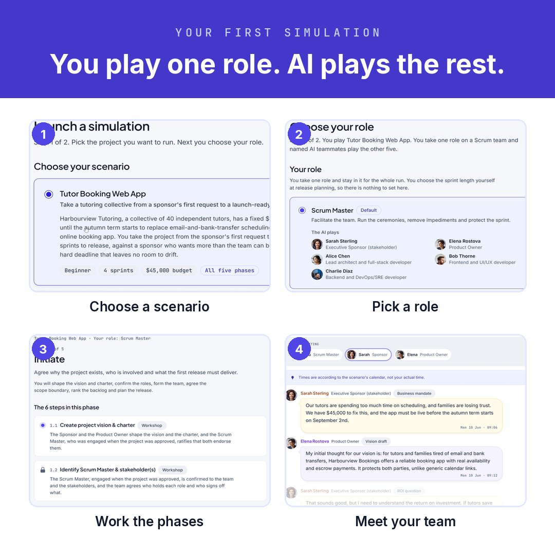 BePMPro1's tweet photo. Practice real Scrum ceremonies solo — AI plays the other 5 roles. Pick PO, Scrum Master, or Dev Team and run a full sprint, planning to retro.

🎁 Code XFIRST = 1 month of Pro free.
👉 https://t.co/xqNhaE5o3p
#Scrum #Agile #ProductOwner https://t.co/RdEKOzN1wg