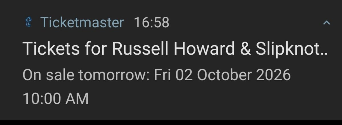 nicsim69's tweet photo. Glanced at my phone screen... Interesting collaboration.😆 #Ticketmaster. 
#Slipknot #RusselHoward #ComedyMetal https://t.co/qSwvCC1Ktw