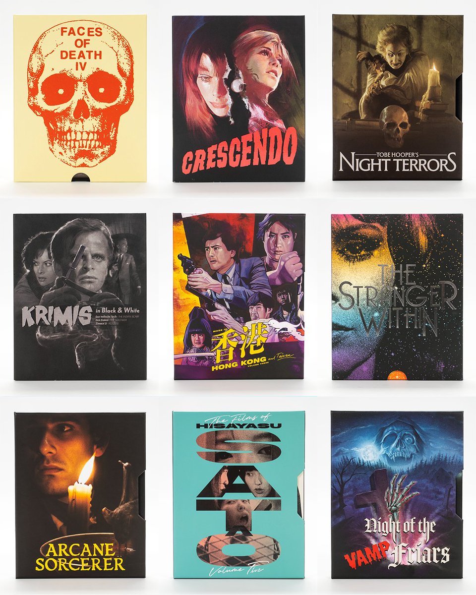 VinegarSyndrome's tweet photo. October is here and it is savage!

Kicking off this monstrous month are 4 fiendish new releases from Vinegar Syndrome proper: Pupi Avati's period picture chiller ARCANE SORCERER, Tobe Hooper's truly demented, head-chopping 1993 rarity NIGHT TERRORS (alt art option available), MADE IN HONG KONG [and Taiwan]: VOLUME #3 featuring three wacky '80s horror flicks that mix chills, laughs, and action, and the underseen Hammer Films murder thriller CRESCENDO!

Next up, VS Archives returns to the land of the dead with FACES OF DEATH 4, and VS Labs dips into the wild world of stylish German crime thrillers in the KRIMIS IN B&W set. And of course we are thrilled to unleash VS Picture's first wholly produced homegrown horror project, NIGHT OF THE VAMP-FRIARS.

Lastly, we've got THE STRANGER WITHIN, a Barbara Eden TV movie of cosmic horror, from Iconoscope, THE FILMS OF HENRY JAGLOM: VOLUME #1 from Cinematographe, and THE FILMS OF HISAYASU SATÔ : VOLUME #5!

But that doesn't even account for 4 killer new Degausser VHS releases, tons of sick new merchandise, and the return of a new daily deal every day this month in 31 DAYS OF SYNTOBER! Stop your trickin' and start your treatin' at the VS site!