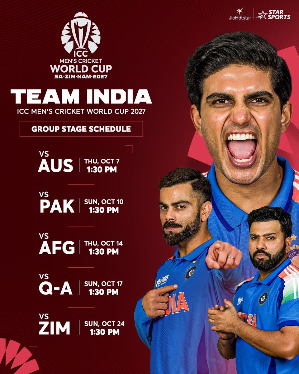 SubashMV5's tweet photo. 🚨 WORLD CUP 2027 SCHEDULE 🚨
7th Oct : India vs Australia
10th Oct : India vs Pakistan
14th Oct : India vs Afghanistan
17th Oct : India vs Qualifier A
24th Oct : India vs Zimbabwe
#CWC23 #INDvsAUS
#TeamIndia | #INDvWI @imVkohli
#ViratKohli #Rohitsharma
#CWC27 https://t.co/zg8GZwZB4k