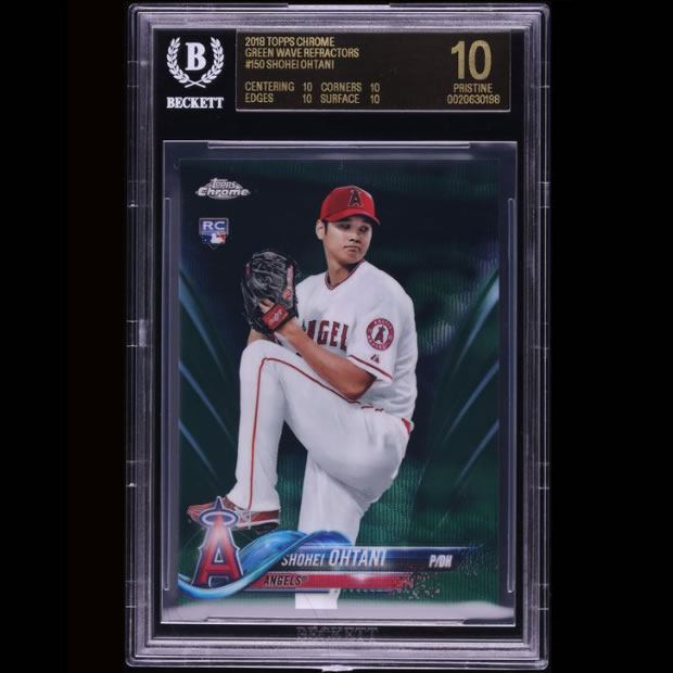 OhtaniMarket's tweet photo. 2018 Topps Chrome Green Wave Refractor #150 Shohei Ohtani BGS 10 Pristine (Black Label) https://t.co/kKipidFpZx