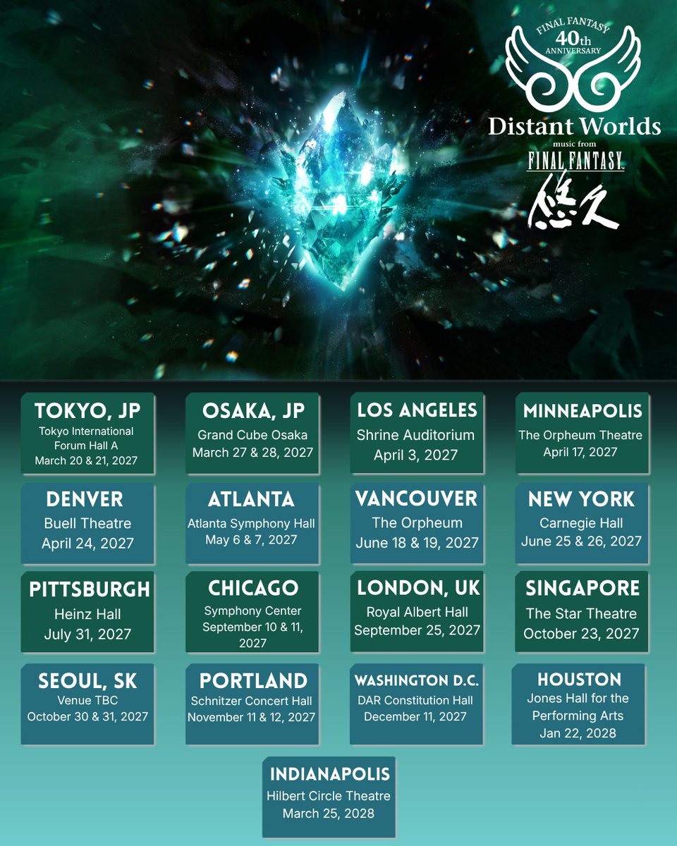 ffdistantworlds's tweet photo. Were you there forty years ago when the “Prelude” played for the first time? Were you there thirty years ago when “Opening - Bombing Mission” first brought players to Midgar? 

Whether your adventures started in Cornelia, Eorzea, Valisthea, or elsewhere, we invite you and your fellow warriors of light to continue your journey with this new concert series: FINAL FANTASY 40th Anniversary Distant Worlds: music from FINAL FANTASY - Eternal / 悠久.

More info coming soon.