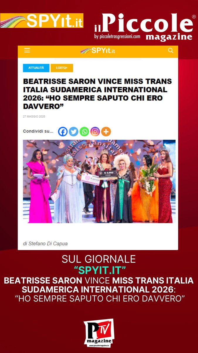 PiccoleMag's tweet photo. Beatrisse Saron vince Miss Trans Italia Sudamerica International 2026: “Ho sempre saputo chi ero davvero”
Leggi l’articolo: https://t.co/RnwuKdsU6Y
#BeatrisseSaron #MissTransItaliaInternational2026 #MissTransItalia #Eleganza #Bellezza #Evento #PiccoleMagazine #CanaleItalia71 https://t.co/zux9imILAd