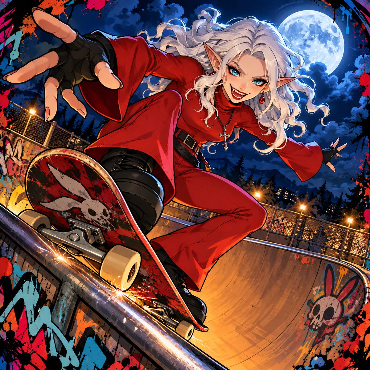 TolvanSkull's tweet photo. Rabbit Rabbit! 
It's officially October! Which means the time for Tricks and Treats is at hand!

Let's take it in a wild new direction and do some sick skateboard tricks under the moon! Prompt is in the comments!
#ThursdayTricks
#AIart #AIイラスト #Rascals #TolvanPlugNPlayPrompts https://t.co/hNBP9YMffx