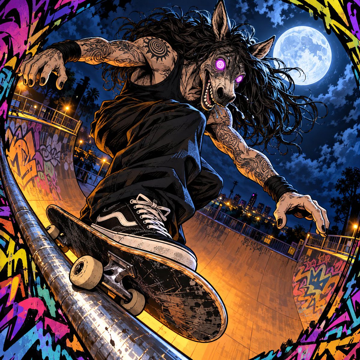 TolvanSkull's tweet photo. Rabbit Rabbit! 
It's officially October! Which means the time for Tricks and Treats is at hand!

Let's take it in a wild new direction and do some sick skateboard tricks under the moon! Prompt is in the comments!
#ThursdayTricks
#AIart #AIイラスト #Rascals #TolvanPlugNPlayPrompts https://t.co/hNBP9YMffx