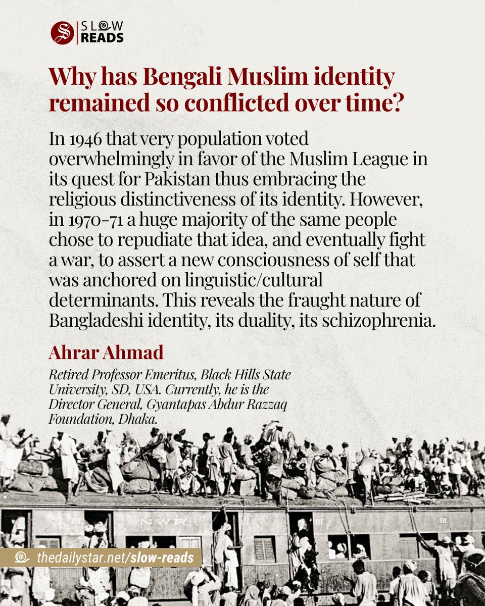 Slow_Reads's tweet photo. One of the grand paradoxes facing Bangladeshis is expressed in the negotiations and contestations on the simple question about who they are, particularly in the context of the strains caused by the Universalist claims of their religion on the one hand and the particularist demands of their ethnicity and culture on the other.

Explore the deep historical roots of this duality and how nineteenth-century colonial policies shaped the complex identity of Bengali Muslims today.

Read the full article: https://t.co/nU3s3bW5zf
.
.
.
. 
.
#TheDailyStar #SlowReads #BengaliMuslims #BangladeshHistory #IdentityPolitics