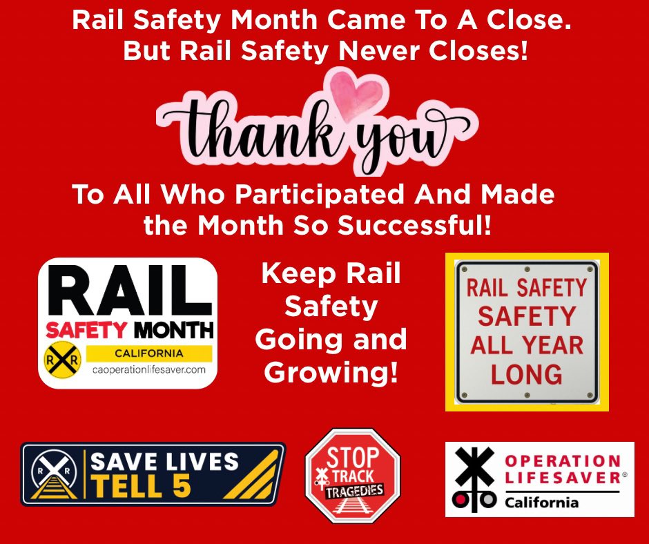 CAOpLifeSaver's tweet photo. #RailSafetyMonth may be over, but rail safety is #AllTheTime. Thank you all who participated, making this year impactful. Choose 5 loved ones to protect, share rail safety tips: https://t.co/Pfur9t4dU5
Every Crossing. Every Track. Every Time.
#SaveLivesTell5 #StopTrackTragedies https://t.co/3Vtcf8bBim