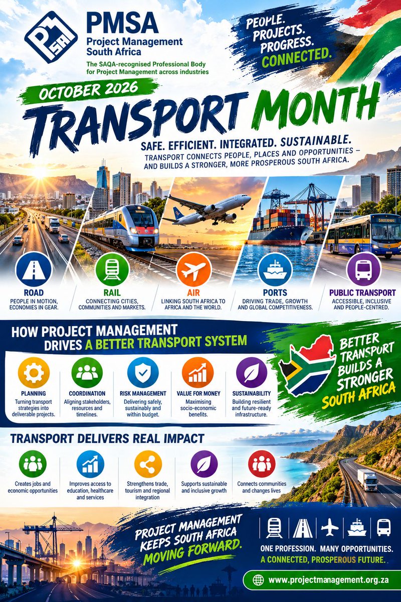 ProjectManageSA's tweet photo. 🚆 October is Transport Month 🇿🇦

From roads and rail to aviation, ports and public transport, effective project management helps deliver safer, more efficient and sustainable transport systems.

🌐 https://t.co/J0WT1JM4ZM

#PMSA #TransportMonth #ProjectManagement #Infrastructure https://t.co/jBXNP3I14X