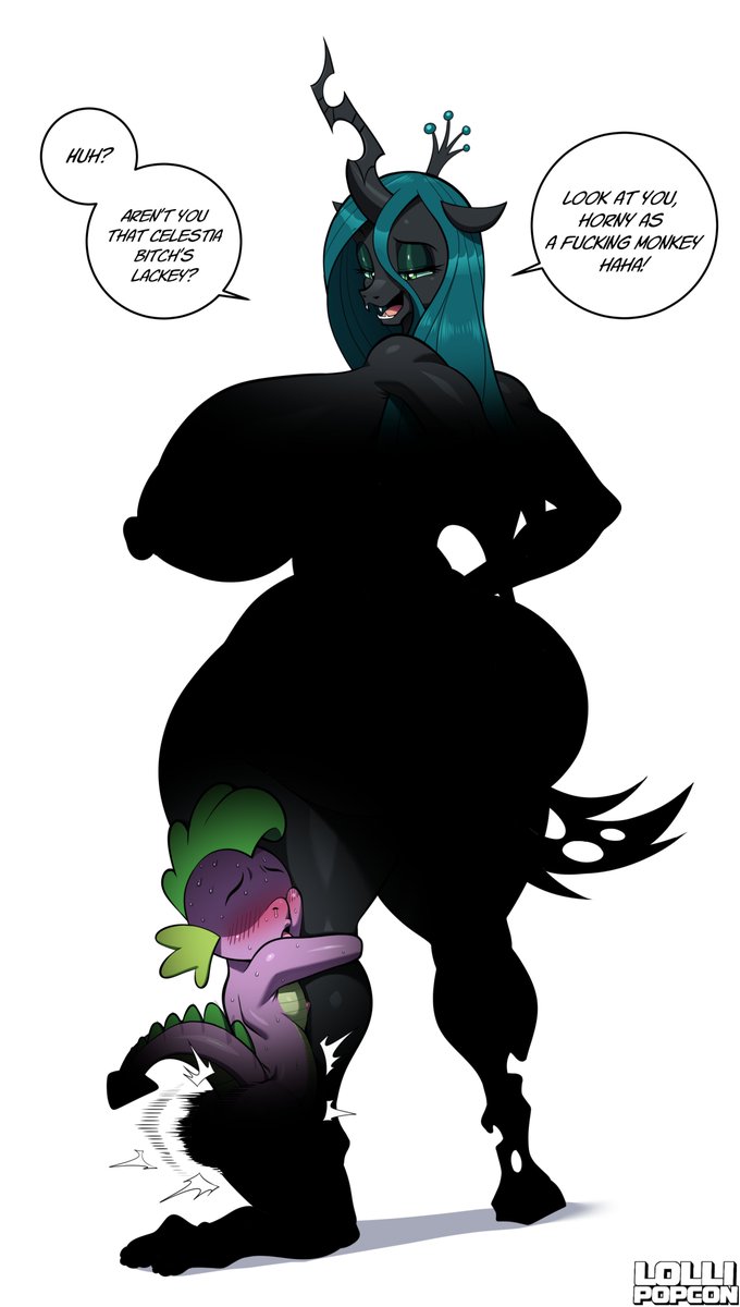 LollipopconArt's tweet photo. Queen Chrysalis’s Humiliation👑
Spike betrayed the ponies and went over to Chrysalis lol.  (Links in bio!🔗)