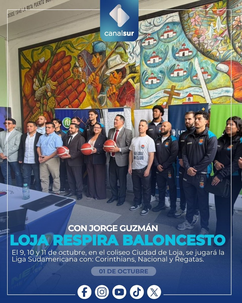 Canal_Sur_Loja's tweet photo. El club de baloncesto #JorgeGuzmán hizo la presentación oficial de la fase de la Liga Sudamericana que se jugará en #Loja el 9,10y 11 de octubre.
💪Refuerzos casi listos y entradas por agotarse para ver a #Corinthians 🇧🇷 #Regatas 🇦🇷 y #Nacional 🇺🇾
#CanalSurLoja https://t.co/GYY0KheKg1
